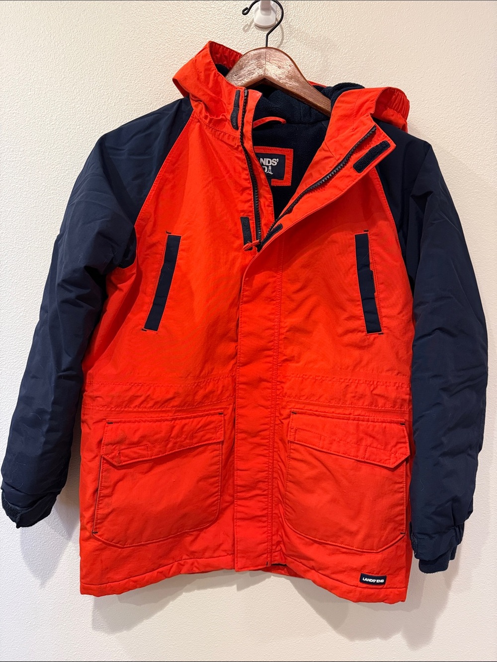 Lands' End Boy’s Squall Parka Orange and Navy Snow Coat